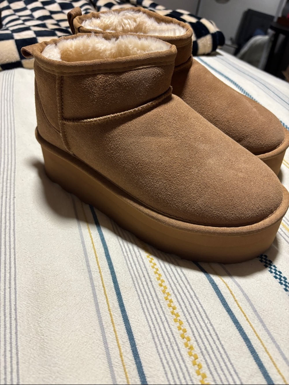 Faux-Shearling Suede Ankle Platform Booties in Chestnut